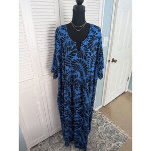 Ulla Popken Midi Dress Womens Plus 36/38 Blue Knit Tropical Ferns Cruise Coastal